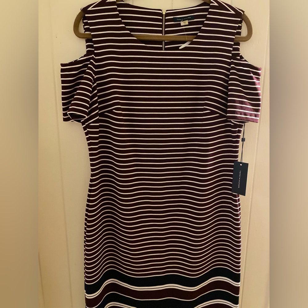 Tommy Hilfiger Burgundy  Red White Black Striped Cold Shoulder  Dress Size 14